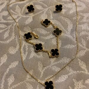 Gold-Tone Necklace, Bracelet & Earrings Set with Black Clover Accents